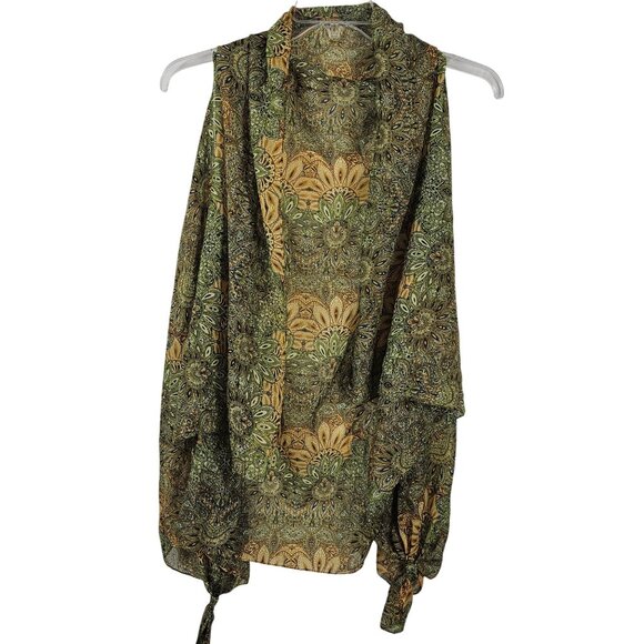 Womens OS Vest Wrap Cover Green Sheer Sleeveless Paisley Floral Light Layer - Picture 2 of 13